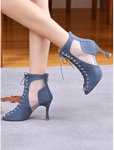  Blaue Damen-Tanzschuhe mit Schnürung und Peep-Toe, Mesh-Einsätzen und Absatz, professionelles lateinamerikanisches Tanzschuhwerk für Auftritte und Wettbewerbe