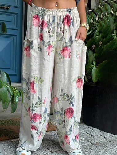  Damen Hose aus Baumwollleinen Stoffhosen Streetwear Lässig Volle Länge Natürliche Taille Blume Tasche Elastischer Bund Drucken Bequem Ferien Wochenende Pfauenblau Grau Schwarz Weiß Sommer Normale