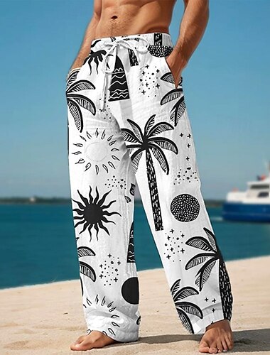  Herren Kokospalme Palmblatt Tropische Pflanzen Hose Baggy-Hosen Freizeithose Mittlere Taille Hawaiianisch Lässig Urlaub Ferien Strandbekleidung Kordelzug Elastischer Bund Weites Bein Sommer Frühling