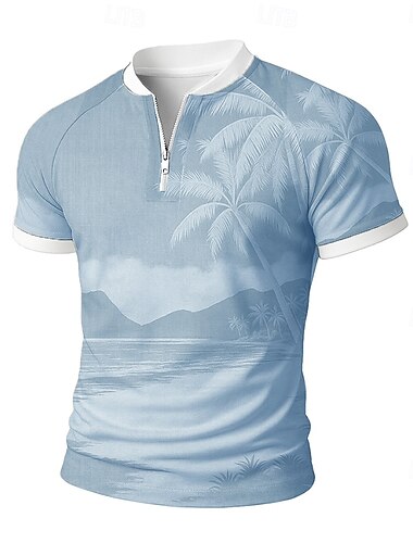  Herren Palme Reißverschluss-Polo Kurzarm Stehkragen Urlaub Freizeit Athleisure Hawaiianisch Alltagstauglich Reißverschluss 3D-Druck Sommer Rubinrot Hellgrün Braun