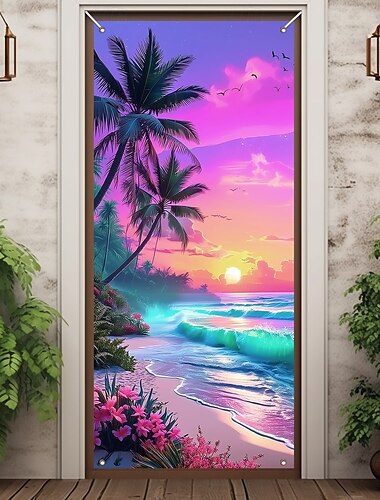  Decoraciones de Puerta de Playa Oceánica Cubiertas de Puerta Tapiz de Verano Color Fluorescente Cortina Decorativa de Puerta Fondo para Puerta Interior/Exterior Banner de Puerta Frontal para Granja