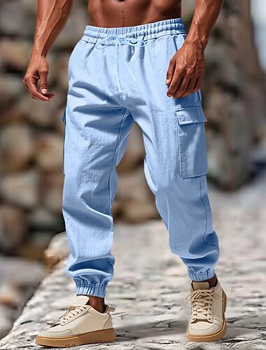 Herren Cargo-Hosen Leinenhosen Hose Sommerhose Freizeithose Kordelzug Elastischer Bund Mehrere Taschen Einfach Komfort Atmungsaktiv Volle Länge Lässig Täglich Ferien Urlaub Mode Schwarz Weiß