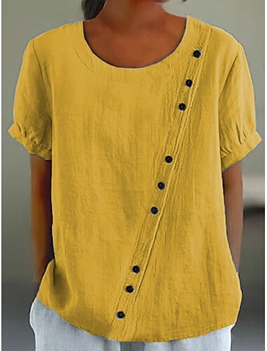  Dame Bluse Helfarve Elegant Afslappet Kortærmet Rund hals Almindelige toppe Daglig Ferie Knapper Gul Lyserød Blå Sommer