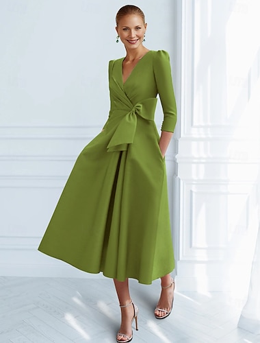  A-Lijn Cocktailjurken Elegante Jurk Formele Enkel Lengte 3/4 Lengte Mouw V-Hals Pocket Stretch Crepe met Strik(ken) Gerimpeld Derby Jurken 2025
