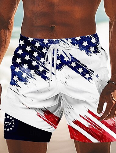  Tag der Unabhängigkeit Herren US Flagge Patriotisch Vierter Juli Gefütterte Shorts 2 in 1 Badeshorts Badehosen Mittlere Taille Ferien Seitentaschen Mit Kompressionsfutter Elastischer Kordelzug in der