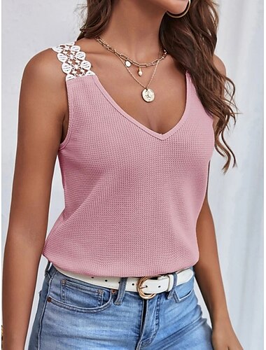  Damen Camisole-Tanktop Einfarbig Täglich Lässig Ärmellos V Ausschnitt Normale Oberteile Täglich Spitze Patchwork Schwarz Rosa Aprikose Grau Sommer