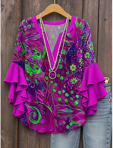 Damen Bluse mit gestuften Rüschensäumen Grafik Geometrisch Vintage Täglich Stilvoll 3/4-Ärmel V-Ausschnitt Reguläre Oberteile Tägliches Urlaubsbekleidung Druck Rot Blau Lila Grün Sommer Frühling