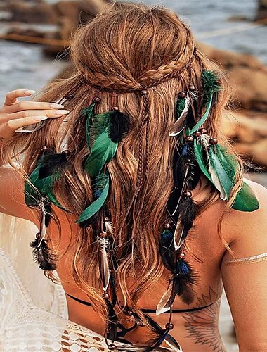  Diadema de plumas bohemia, tocado gitano, diademas bohemias hippies, banda para el cabello para festivales indios, accesorios largos ajustables con plumas para cabello para mujeres y niñas, negro y