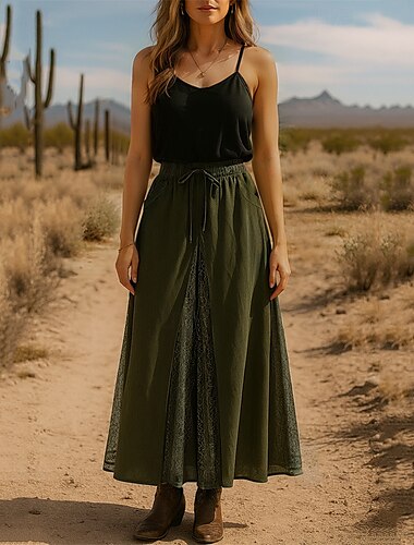  Dames Rok Schommel Kanten rok Casual Boho Maxi Medium Taille Rokken Effen Kant Vakantie Feestdagen Groen Zomer Polyester