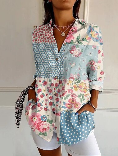  Femmes Chemise Bloc de Couleur Fleur Quotidien Élégant Basique Demi Manches Col en V Hauts Réguliers Quotidien Fête Imprimé Bleu Vert Beige Printemps Automne