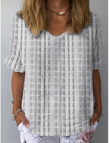  Women's Shirt Graphic Geometric Striped Stylish Classic Casual Short Sleeve V Neck Regular Tops Daily Beach Wear Vacation Wear Print Light Green Blue Gray Summer Spring