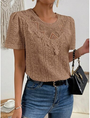  Mujer Camiseta Plano Moda Moderno Casual Manga Corta Cuello Barco Tops regulares Diario Fin de semana Encaje Retazos Negro Blanco Rosa Azul Piscina Caqui Verano