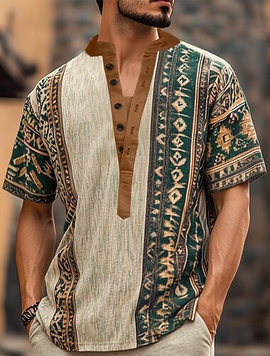  Homme Géométrique Ethnique T-shirt Chemise Henley Manche Courte Designer Basique Bohème Extérieur Occasionnel Quotidien Été Kaki Henley T-shirt Henley