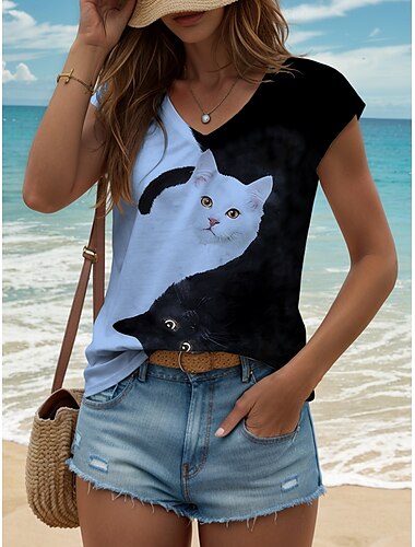  Damen-Tanktop mit Tier- und Katzenmotiv, Vintage, tropisch, stilvoll, ärmellos, kurzärmlig, V-Ausschnitt, normale Oberteile, Alltagsdruck, Schwarzweiß, Gelb, Rosa, Blau, Lila, Sommer, Frühling