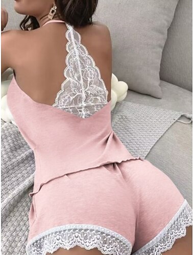  Damen Schlafanzug Set Lässig Komfort Einfarbig Spitze Rückenfrei Patchwork Trägertop Shorts Heim Täglich Ärmellos Rundhalsausschnitt Schwarz Rosa Wein Grün Grau Sommer Normale Passform