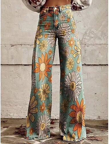  Retro Vintage Boho 1970er Hose Hose mit weitem Bein Hippie Disco Hohe Taille Blumen Jeans-Imitat Damen Halloween Karneval Musikfestival Pride Parade Retro-Mottoparty Erwachsene Hose