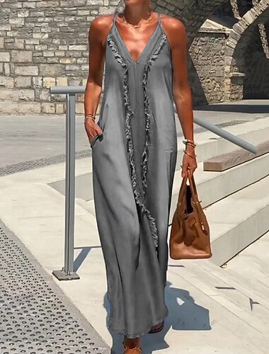  Damen Langes Kleid Maxikleid Kunstbaumwollleinen Boho-Kleid Sommerkleid Baumwoll-Leinen-Kleider Vintage Mode Outdoor Party Ferien Normale Passform Ombre Ärmellos V Ausschnitt Blau Schwarz Weiß Violett
