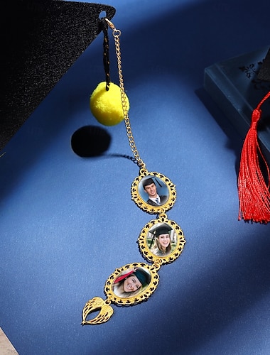 Gepersonaliseerde afstudeerkwast met fotobedel met engelenvleugel, persoonlijk afstudeercadeau, gouden afstudeerpethanger met persoonlijke foto, esthetisch schoolsouvenir voor klasgenoten, vrienden,
