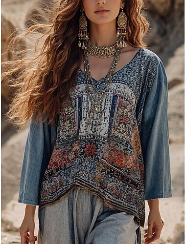  Dames Blouse Bloemig Grafisch Bohemen Vintage Dagelijks 3/4 mouw Strakke ronde hals Boothals Normale tops Dagelijks Feestdagen Vakantiekleding Afdrukken Stoffig blauw Zomer Lente