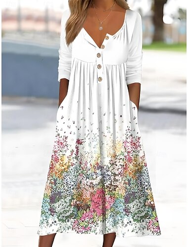  Damen Midikleid Sommerkleid Faltenkleid Urlaub Lässig Strand Ferien Normale Passform Blumen Grafik Kurzarm Rundhalsausschnitt Weiß Blau Leicht Blau Sommer