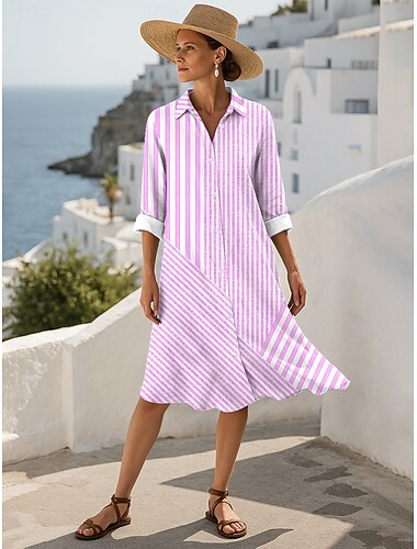  Damen Midikleid Shiftkleid Lässig Date Normale Passform Grafik Gestreift Langarm Hemdkragen Rosa Blau Purpur Grün Sommer Herbst