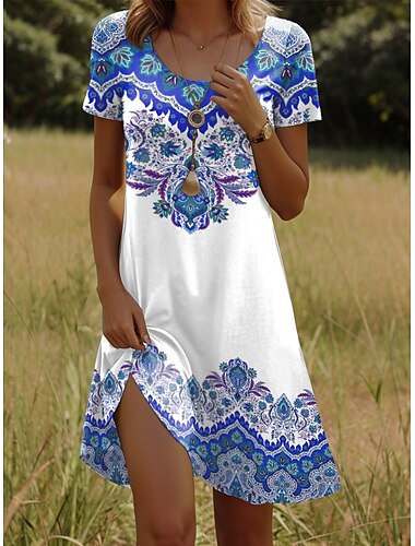  Damen Minikleid T-Shirt-Kleid Sommerkleid Urlaub Lässig Boho Ausgehen Normale Passform Grafik Paisley-Muster Kurzarm V Ausschnitt Gelb Rote Blau Purpur Sommer