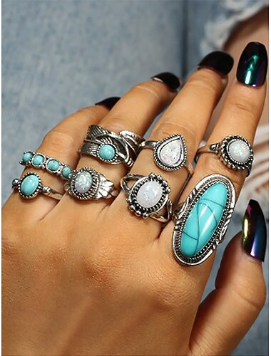  Boho turquoise ringset voor dames – vintage stapelbare ringen van legering met edelsteenaccenten voor westerse stijl, festivals of dagelijks gebruik