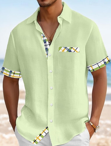  Herren Hemd Leinenhemd Sommerhemd Strandbekleidung Knopfhemd Einfarbig Urlaub Kreuzfahrt Marineblau Orange Grün Leicht Blau Kurzarm Kragen Sommer Frühling & Sommer Bekleidung Farbblock