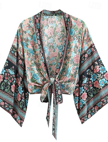  Femmes Maillots de Bain Vêtement couvrant Maillot de bain Nœud devant Tropical Tenues de plage Fleur Col en V manche longue Maillots de bain