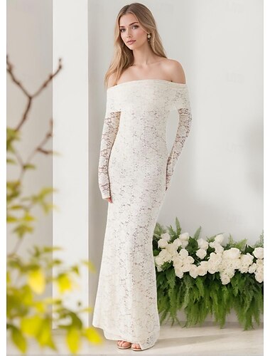  Vestido de noche de sirena/trompeta con encaje chantilly blanco, vestido de cóctel, vestido de novia para jardín, formal, semiformal, para invitados a la boda, largo hasta el suelo, manga larga,
