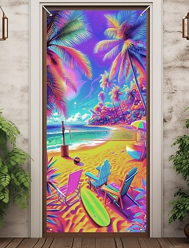  Ocean Beach Door Decorations Door Covers Summer Floral Door Tapestry Door Curtain Decoration Backdrop Indoor/Outdoor Door Banner for Front Door Farmhouse