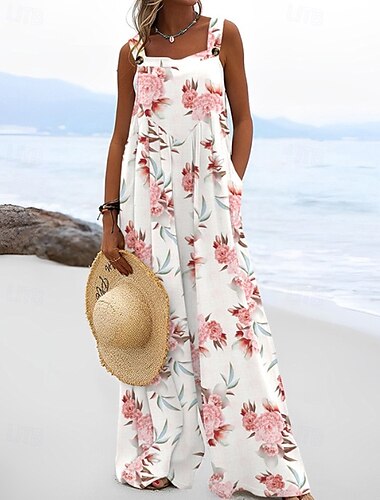  Damen Jumpsuit Latzhose Streetwear Blumenmuster Ärmellos U-Ausschnitt Taschendruck Alltag Ausgehen Regular Fit Rosa Braun Beige Sommer