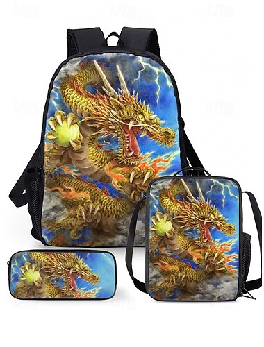  3-teiliges Drachen-Rucksack-Set für Herren mit Flammen-Print – strapazierfähige Schultasche, isolierte Lunchtasche und Federtasche für Teenager zum Schulanfang und Liebhaber des Fantasy-Stils Kayomi Harai