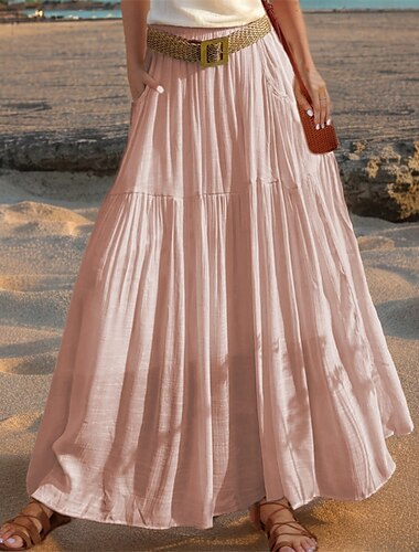 Per donna Taglia standard asiatici Svasato Gonne di lino Casual Estate Midi Vita Alta Gonne Tinta unita Arricciato Pieghettato Tasca Elasticizzato Vacanza Quotidiano Vinaccia Anguria Rossa Verde