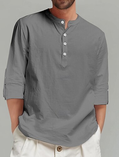  Herren Hemd Leinenhemd Sommerhemd Strandhemd Einfarbig Urlaub Lässig Schwarz Weiß Rosa Blau Langarm Henley Bekleidung Rein