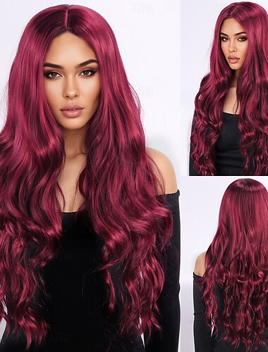  人工毛ウィッグ ウェーブ 弾丸カール レイヤード・ヘアカット バング付き 機械製 かつら 28 インチ A1 合成 女性用 弾性ある クラシック 快適 バーガンディー