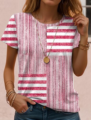  Damen T Shirt Grafik Geometrisch Vintage Klassisch Lässig Kurzarm Rundhalsausschnitt Normale Oberteile Täglich Wochenende Strandbekleidung Druck Rote Blau Purpur Grau Sommer Frühling