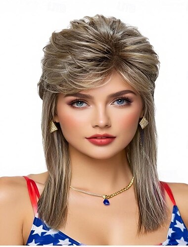  Mullet Wigs for Women Curly Synthetic Heat Resistant Shoulder Length Hair 80s Rocker Cosplay Wigs (Blonde Mixed Black) Halloween Wigs