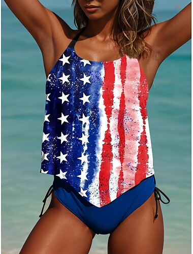  Unabhängigkeitstag Damen Patriotic Veteran Badeanzug Patriotic Fourth of July Tankini 2-Teilig Cheeky Badeanzug Rückenausschnitt Urlaub Strandmode Flagge U-Ausschnitt Ärmellose Bademode