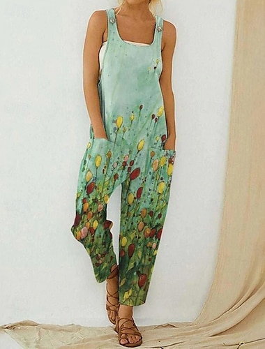  Mujer Normal Mono Ropa de calle Floral Sin Mangas Escote en U Bolsillo Estampado Diario Noche Ajuste regular Verde Trébol Verano