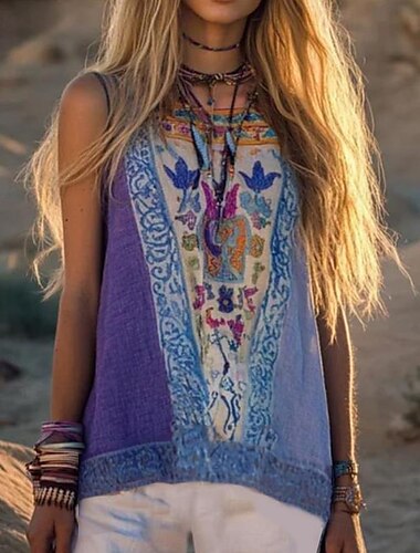  Dam Camisole linne Blommig Grafisk bohemliv Dagligen Retro / vintage Ärmlös Rund hals Vanliga toppar Semesterkläder Purpur Sommar Vår