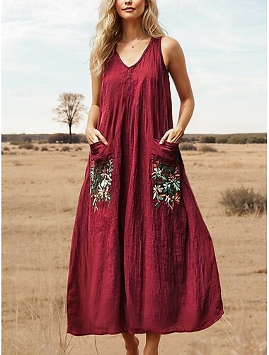  Dame Lang kjole Maxikjole Uformell kjole Swingkjole Sommerkjole Boho-kjole Årgang Feriereise Daglig Ferie Normal Blomstret Ermeløs V-hals Vin Sommer