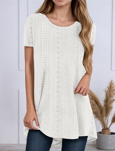  Damen Tunika Sommeroberteile Bluse Einfach Stilvoll Lässig Kurzarm Rundhalsausschnitt Lange Oberteile Täglich Lochmuster Asymmetrisch Weiß Rosa Purpur Grün Leicht Blau Sommer Frühling