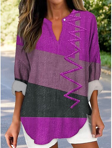  Damen Bluse Grafik Geometrisch Elegant Vintage Tropisch Langarm V Ausschnitt Normale Oberteile Täglich Ferien Druck Gelb Rote Blau Purpur Sommer Frühling