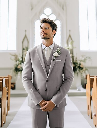  Abiti da uomo eleganti da cerimonia, modello estivo, grigio chiaro, tinta unita, vestibilità standard, 3 pezzi, monopetto, due bottoni