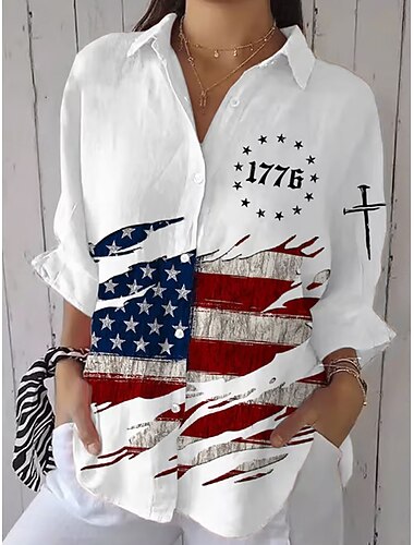  Jour de l'Indépendance T-Shirt Femme Patriote Quatrième Juillet Graphic Drapeau Vintage Élégant Décontracté À Manches Longues Col Regular Tops Quotidien Blanc Rouge Bleu Été Printemps