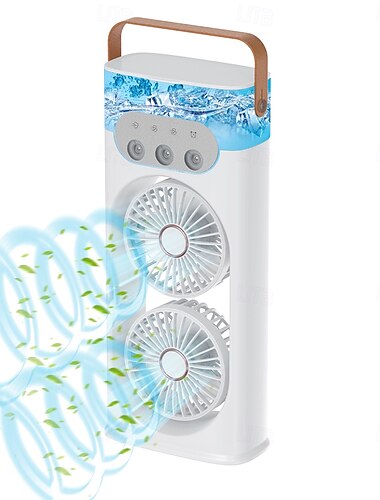  tragbarer Nebelventilator mit Doppelkopf und Luftbefeuchter, per USB aufladbarer Kühlventilator mit 3 Geschwindigkeiten und LED-Licht für unterwegs im Homeoffice