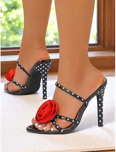 Damen-Stiletto-Sandalen mit Punkten und roter Rosenverzierung, Riemchen-High-Heels mit offener Spitze für Cocktailpartys, das Nachtleben und Verabredungen am Abend