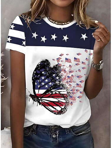  独立記念日 女性用 愛国的 第4の7月 Tシャツ グラフィック フラグ アメリカの旗 ヴィンテージ スタイリッシュ クラシック 短袖 クルーネック レギュラートップス デイリーウィークエンドプリント ホワイト レッド サマー スプリング