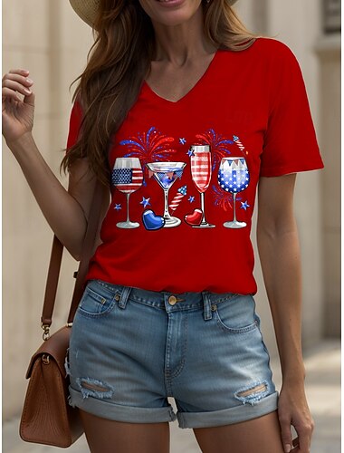  女性の愛国的Tシャツハートグラフィックスターヴィンテージスタイリッシュクラシック半袖Vネックレギュラートップスデイリーヴィークエンドプリント黒白赤青紫夏春